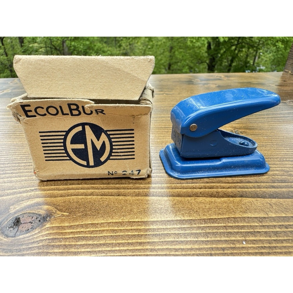 Vintage Ecolbur No 247 Hole Punch NOS Blue Metal Single Paper Punch w Box - Picture 2 of 15
